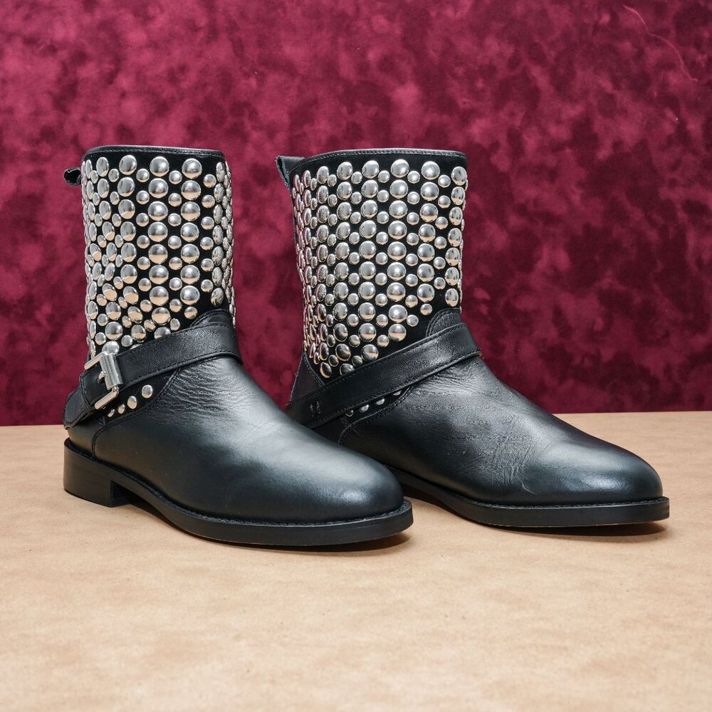 Rebecca Minkoff Women Saida Black Leather Studded Moto Biker Boots sz 7.5